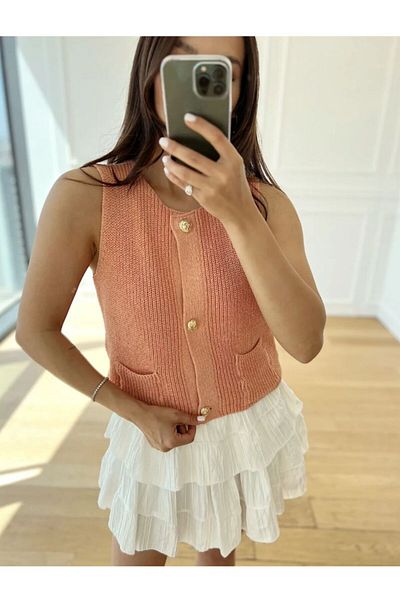 CADDELAMODA Women's Crew Neck Thessaloniki Knitted Gold Buttoned Knitwear Vest