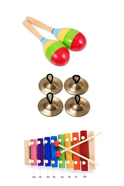 Toy Oyuncak Okul Öncesi 4 Lü Müzik Aletleri seti Ahşap Marakas Parmak zili Ks...