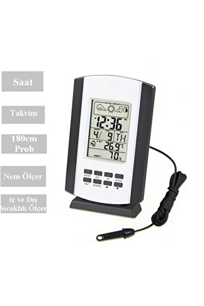 gaman 115AB Saatli Sıcaklık ve Nem Ölçer Termometre + Takvim - Problu İç ve Dış Sıcaklık Ölçer Termometre