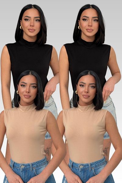 Lunamiratto Body fără mâneci pentru femei, 2 negru, 2 crem, 4 piese, cu mâneci zero, cu gât înalt, elastic Badi