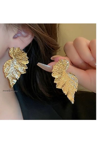 mos&more Gold Vintage Inspired Fan-Shaped Leaf Women's Earrings