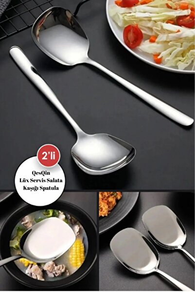 QesQin Paslanmaz Çelik Salata ve Yemek Servis Kaşığı 21 cm Lüx Mutfak Spatula...