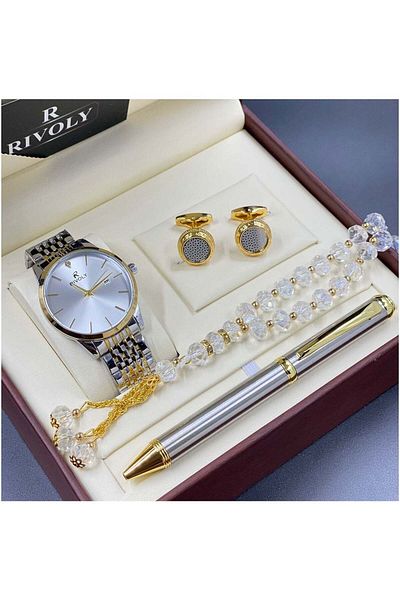 RİVOLİ Rivoli Men's Stainless Steel Set with Watch, Rosary, Pen & Cufflinks