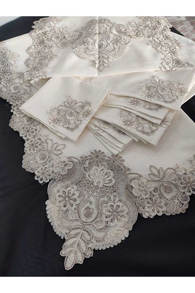 Çt Çeyizci Tekstil Rose Tablecloth 12 Person Linen Fabric Cream Tableware Set