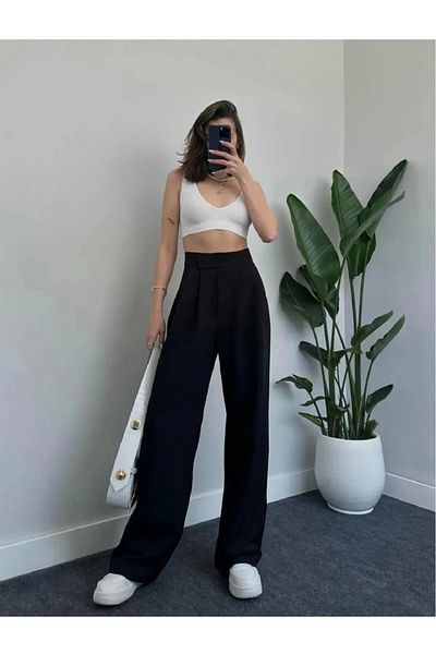 Boubon Co Women's Black Velcro High Waist Wide Leg Palazzo Trousers
