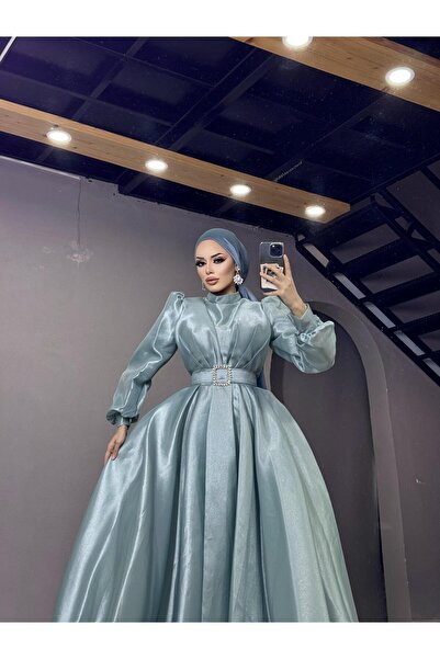 MERVEPLUME Plume Tafta Kumaş Kemerli Taşlı Tesettür Kadın Abiye Mezuniyet Düğün Abiye