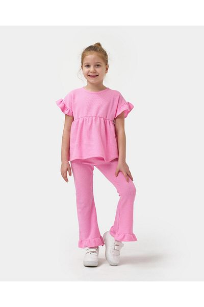 Magu Girl's Cotton Seersucker Textured Ruffled Short Sleeve Blouse Spanish Trotters Bottom Set