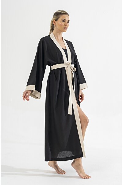 BEJ DOKU KETEN KİMONO / PAREO / % 100 PAMUK