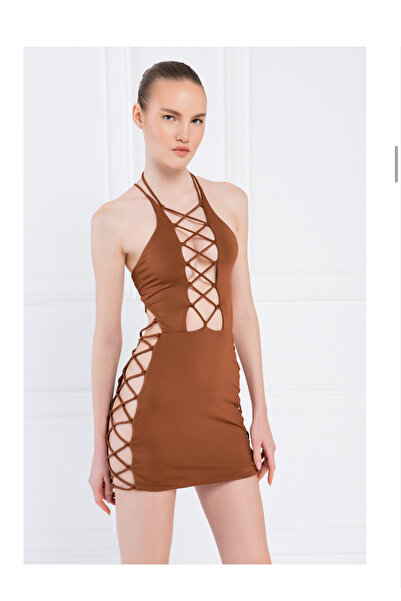Kikiriki KAHVERENGİ ÇAPRAZ BAĞLAMALI MİNİ DEKOLTE DRESS