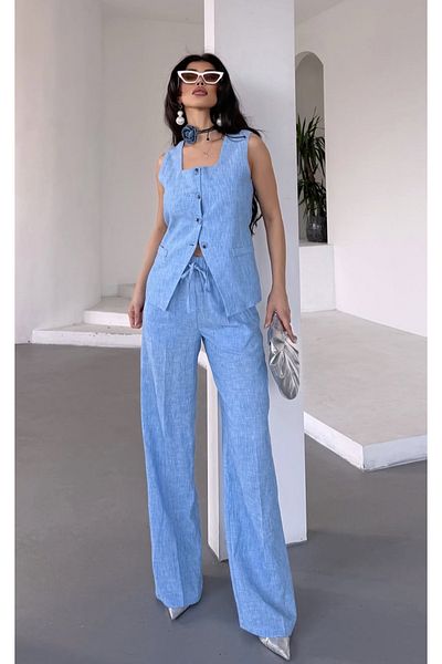 pembekurdelem Blue Women's Square Neck Vest and Pants Set