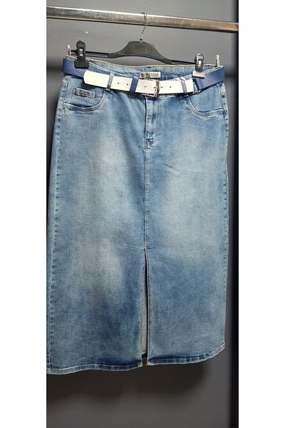 AKŞEN GİYİM Women's Large Size Lycra Separate Long Jeans Skirt Denim Fabric Belt