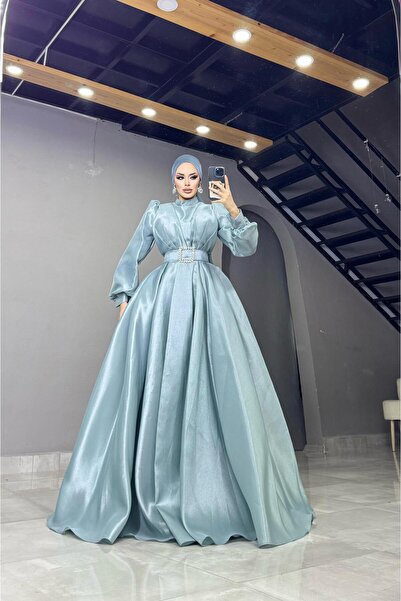 MERVEPLUME Plume Tafta Kumaş Kemerli Taşlı Tesettür Kadın Abiye Mezuniyet Düğün Abiye