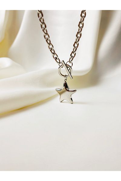 PACHİRA Stainless Steel T-Bar Necklace |   45cm Silver Color Star End Bar Chain with Lock