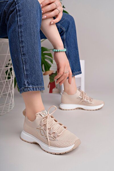 homiro Μπεζ Γυναικεία Παπούτσια Αθλητικά Sneakers με Δέσιμο και Πολυμερική Σόλα