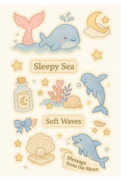 sticker 🌊   مجموعة ملصقات Dreamy Ocean – 3 أوراق – لجدول الأعمال والمخطط ومجلة الرصاصة
