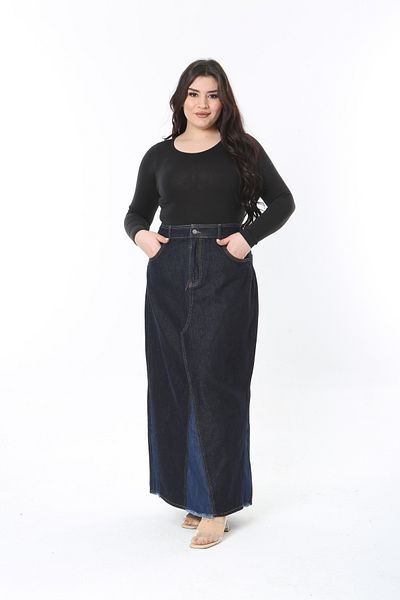 Şans Women's Large Size Navy Blue Cup Detailed 5-Pocket Long Denim Skirt 65N38891