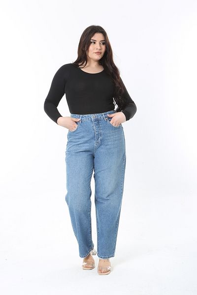 Şans Pantaloni de damă, albaștri, cu talie înaltă, cu efect de spălare, cu 5 buzunare, 65N38888