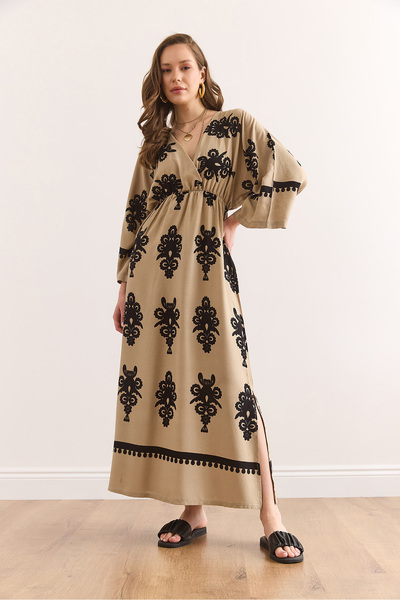 Olalook Φόρεμα βισκόζης με διπλό στήθος με ελαστική μέση με σχισμή