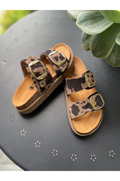 Land of Cork Anatomical Natural Cork Sole Cow Animal Big Buckle Leather Slippers