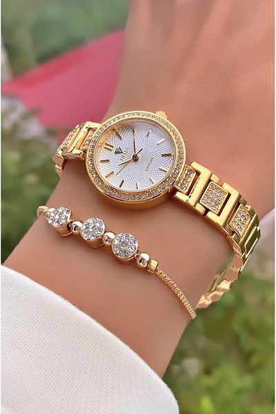 Fiesta Gold Colored Steel Cord Women's Wristwatch and Bracelet Gift