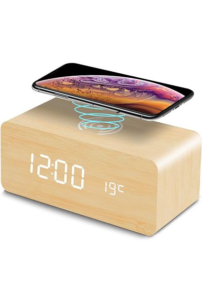 Smart Kitchen Stylish Digital Wooden Alarm Clock Rechargeable with Wireless Mobile Charging, Beige
