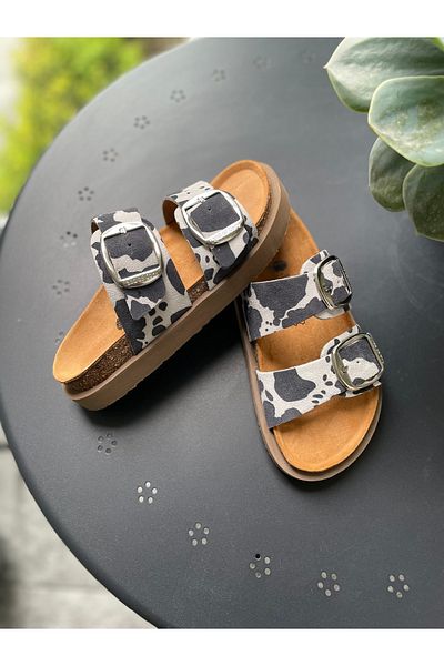 Land of Cork Anatomical Natural Cork Sole Cow Animal Pattern Platform Sole Leather Slippers
