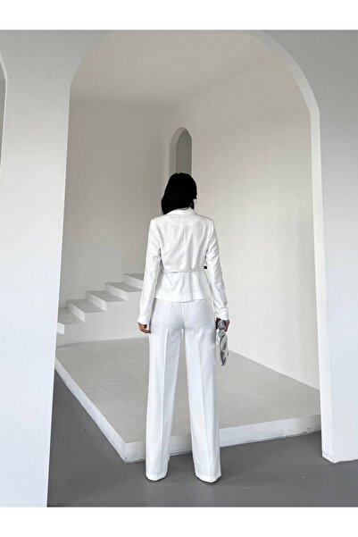 Bella Breeze Kadın Kemerli Gold Düğmeli Ceket Palazzo Pantolon Takım Elbise