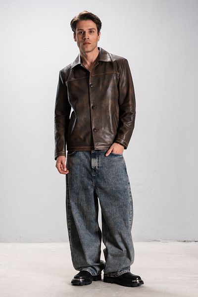 Dericlub Hanover Mens Shirt - Classic Genuine Leather Jacket with Tan Lapel and Button Closure