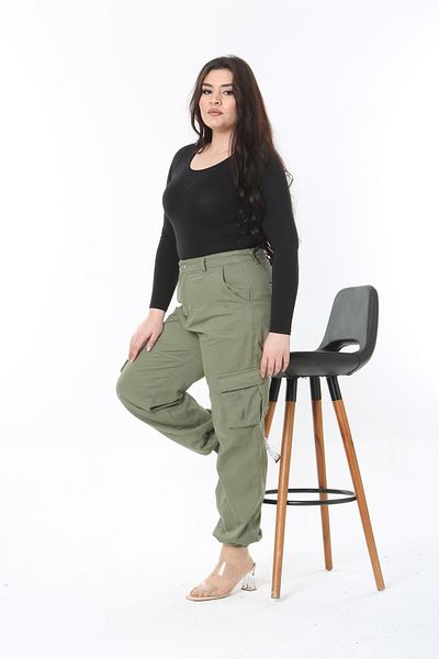 Şans Plus Size Women's Khaki Gabardine Fabric Elastic Leg Trousers - 65N38901