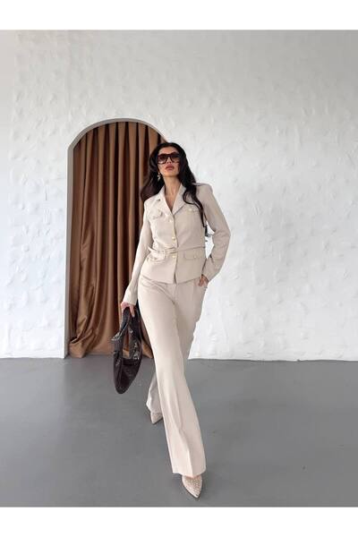 Bella Breeze Kadın Kemerli Gold Düğmeli Ceket Palazzo Pantolon Takım Elbise
