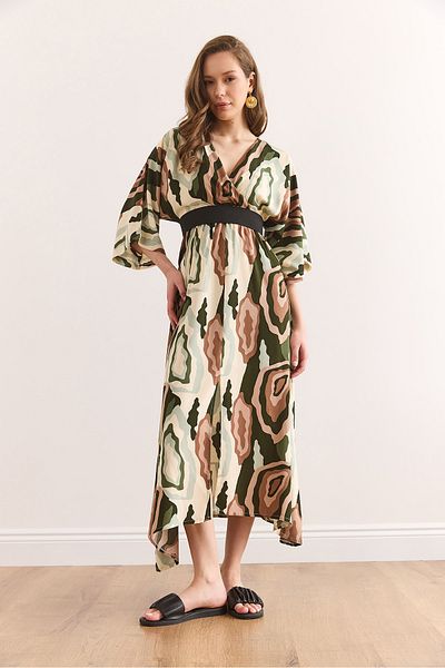 Olalook Double Breasted Collar Midi Viscose Dress with Slit Front