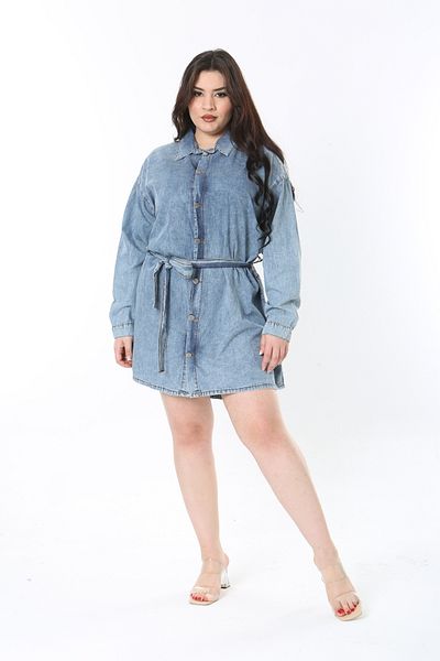Şans Women's Plus Size Blue Washed Slim Denim Fabric Belted Denim Tunic Dress 65N38925