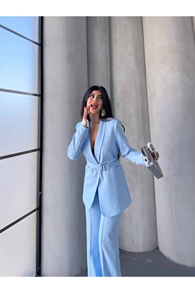 Bella Breeze Kadın İkili Kemer Detay Ceket Palazzo Pantolon Premium Takım Elbise