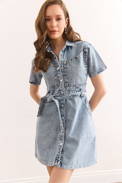 Olalook Rochie mini din denim cu buzunare albastru deschis pentru femei Elb-19002387