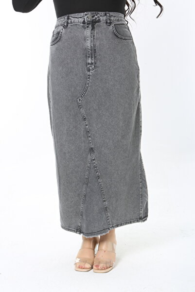 Şans Kadın Büyük Beden Füme Kup Detaylı 5 Cepli Uzun Kot Etek 65N38892