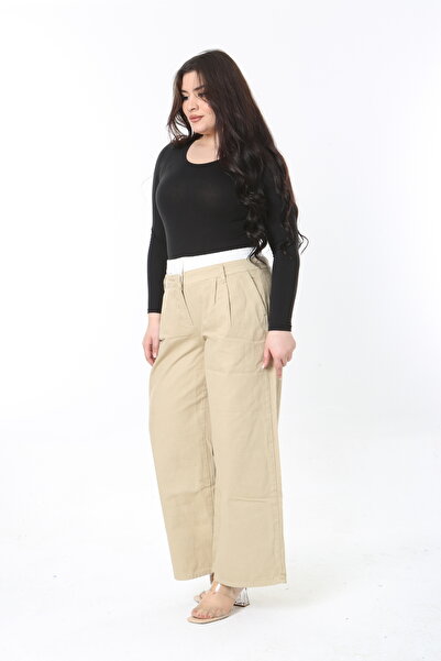 Şans Γυναικείο παντελόνι Camel Plus Size 65N38890 Ζώνη και ελαστικό φαρδύ πόδι ψηλόμεσο