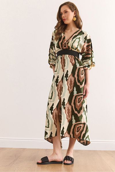 Olalook Double Breasted Collar Midi Viscose Dress with Slit Front