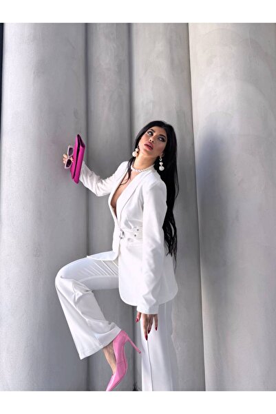 Bella Breeze Kadın İkili Kemer Detay Ceket Palazzo Pantolon Premium Takım Elbise