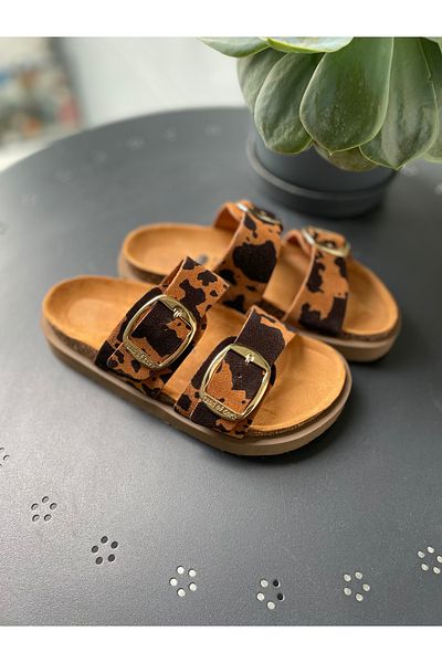 Land of Cork Anatomical Natural Cork Sole Cow Animal Cow Pattern Big Buckle Leather Slippers