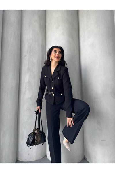 Bella Breeze Γυναικείο Μπουφάν με Ζώνη και Χρυσά Κουμπιά παντελόνι palazzo Κο...