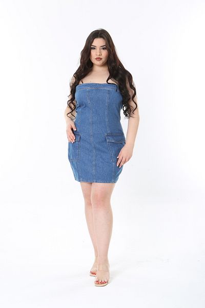 Şans Rochie de blugi fără bretele cu fermoar la spate, mărime mare, albastră 65N38911