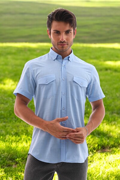 KozaLüks Men's Voile Fabric Jacquard Pattern Short Sleeve Summer Shirt