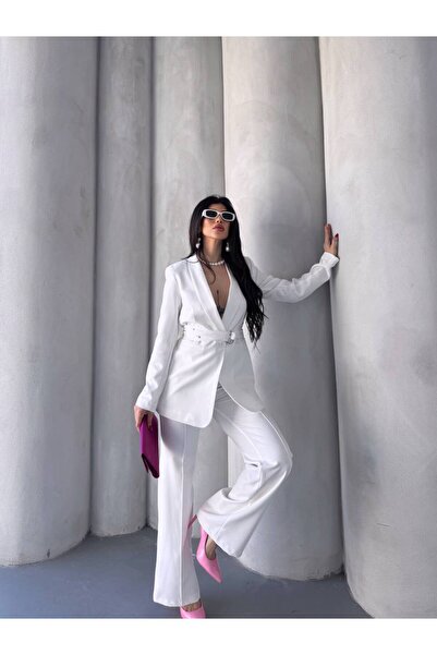 Bella Breeze Kadın İkili Kemer Detay Ceket Palazzo Pantolon Premium Takım Elbise