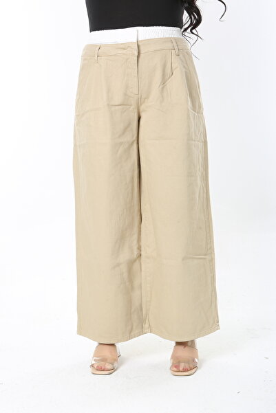 Şans Γυναικείο παντελόνι Camel Plus Size 65N38890 Ζώνη και ελαστικό φαρδύ πόδι ψηλόμεσο