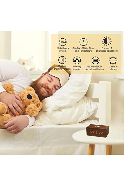 Smart Kitchen ساعة منبه خشبية رقمية أنيقة قابلة للشحن مع خاصية شحن لاسلكي للجوال لون بني خشبي