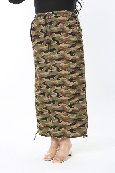 Şans Women's Large Size Khaki Camouflage Pattern Skirt with Waist and Hem Lace Detail