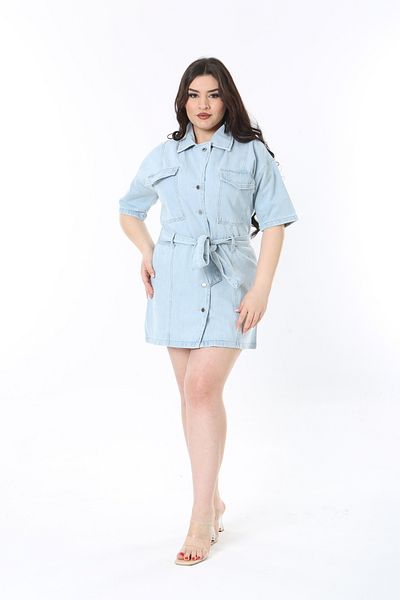 Şans Women's Plus Size Blue Front Metal Button Double Pocket Denim Dress 65N38924
