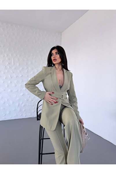 Bella Breeze Kadın İkili Kemer Detay Ceket Palazzo Pantolon Premium Takım Elbise