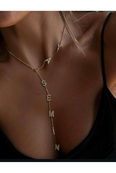 Store Kişiye Özel İsimli Y Kolye Taşlı Gold Gümüş Kolye