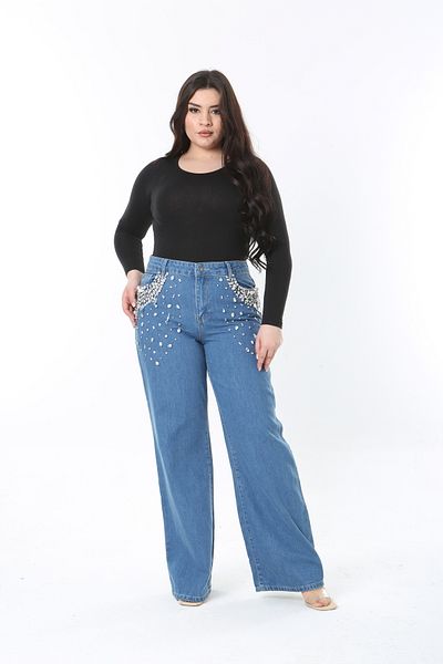 Şans Pantaloni de damă, mărime mare, cu broderie cu piatră albastră, talie înaltă, cu 5 buzunare, blugi 65N38895